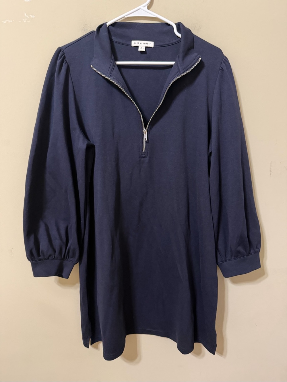 Free Assembly xl Half-Zip Navy sweatshirt Mini Dress Puff Sleeves nwot autumn